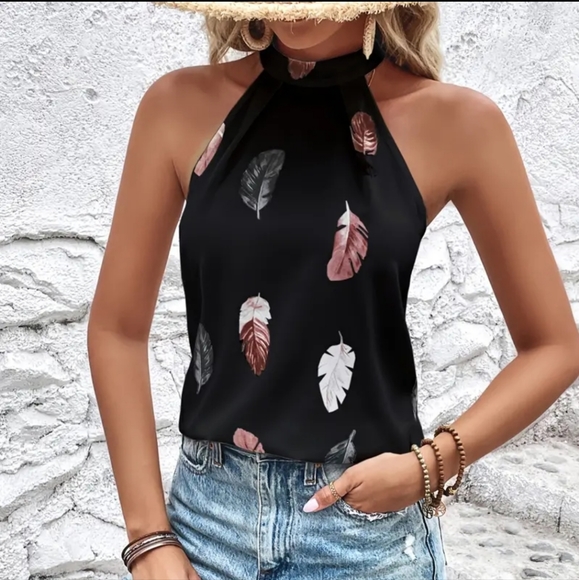 Tops - Black Feather Blouse Large Boho High Neck Halter Keyhole Button Back NEW